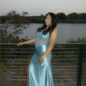 Backless Blue Lace Satin Evening Dress